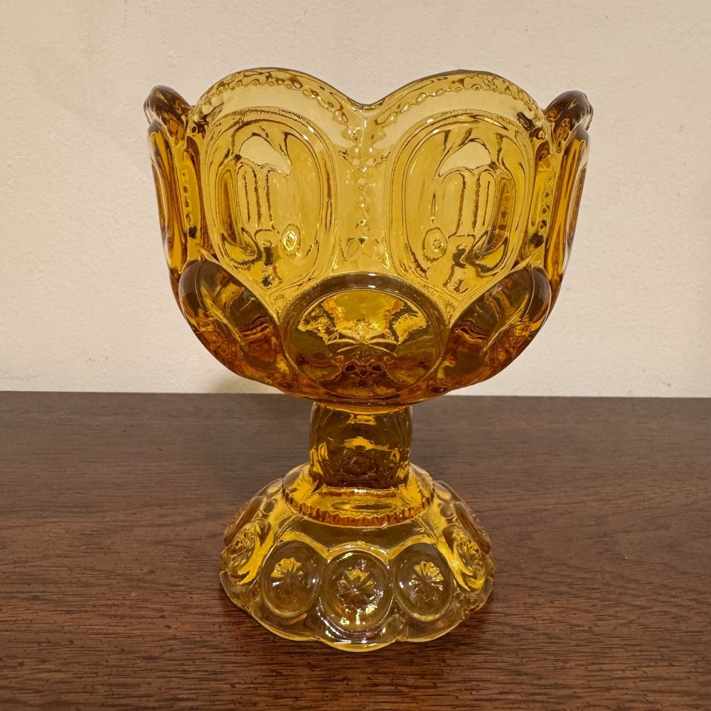 Vintage L.E. Smith Moon Stars Amber Pedestal Compote Candy Dish Ruffled Edge